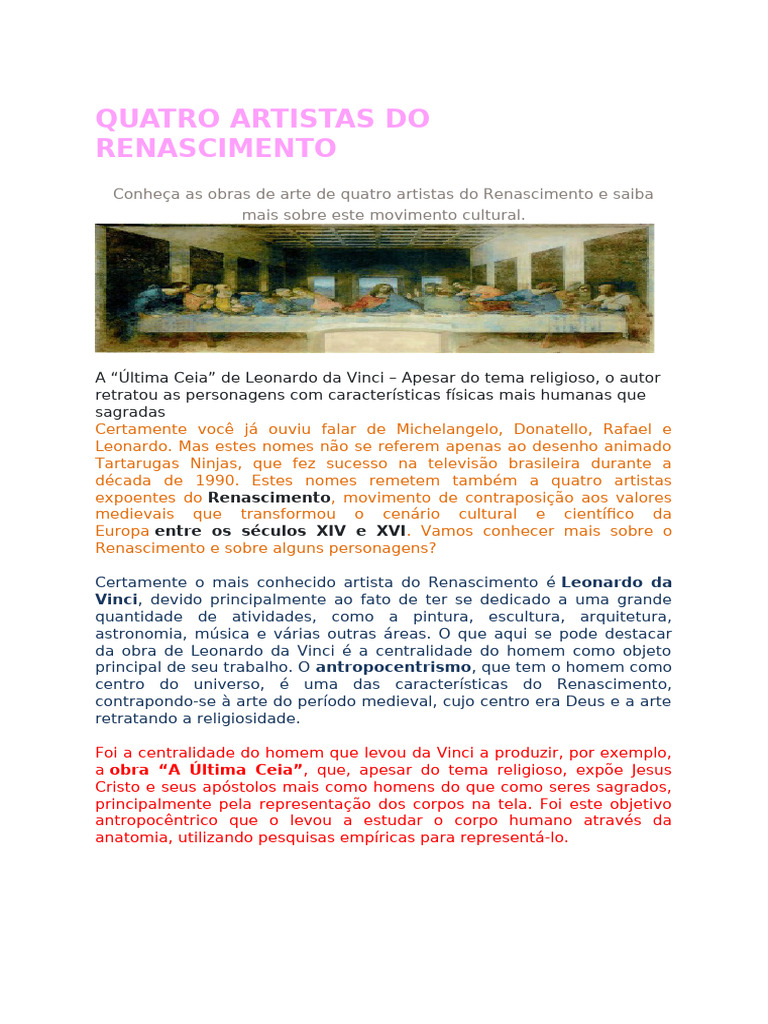 Quatro Artistas Do Renascimento | PDF | Renascimento | Leonardo da Vinci