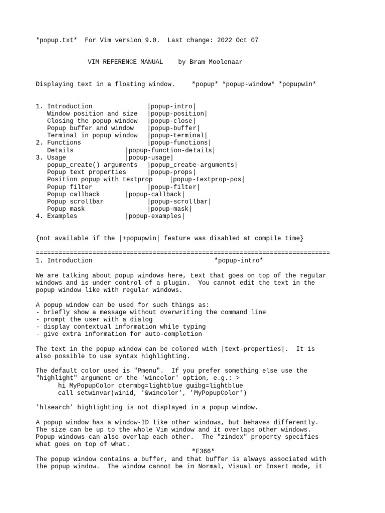 Vim 9.0 Popup Window Guide | PDF | Cursor (User Interface) | Computing
