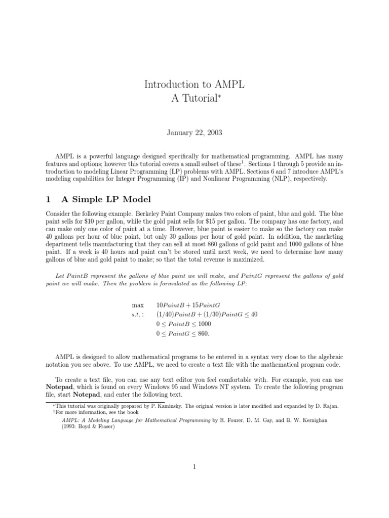 Introduction To AMPL A Tutorial: 1 A Simple LP Model | PDF | Parameter ...