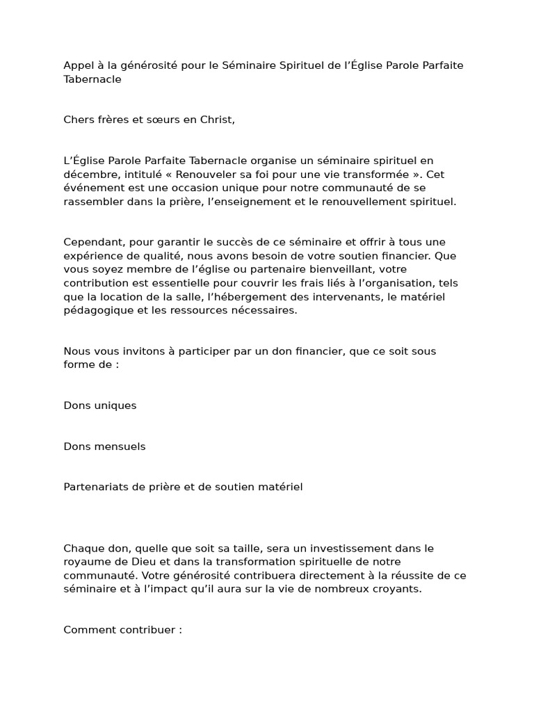 Appel à la générosité pour le séminaire | PDF