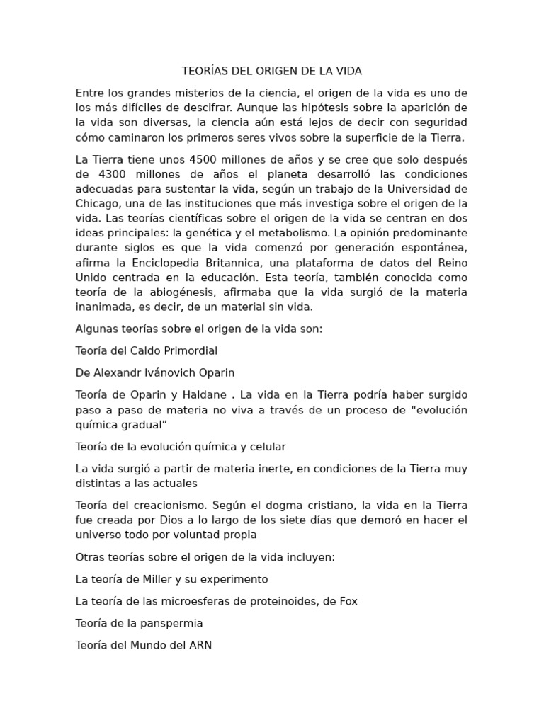Teorias Del Origen de La Vida | PDF