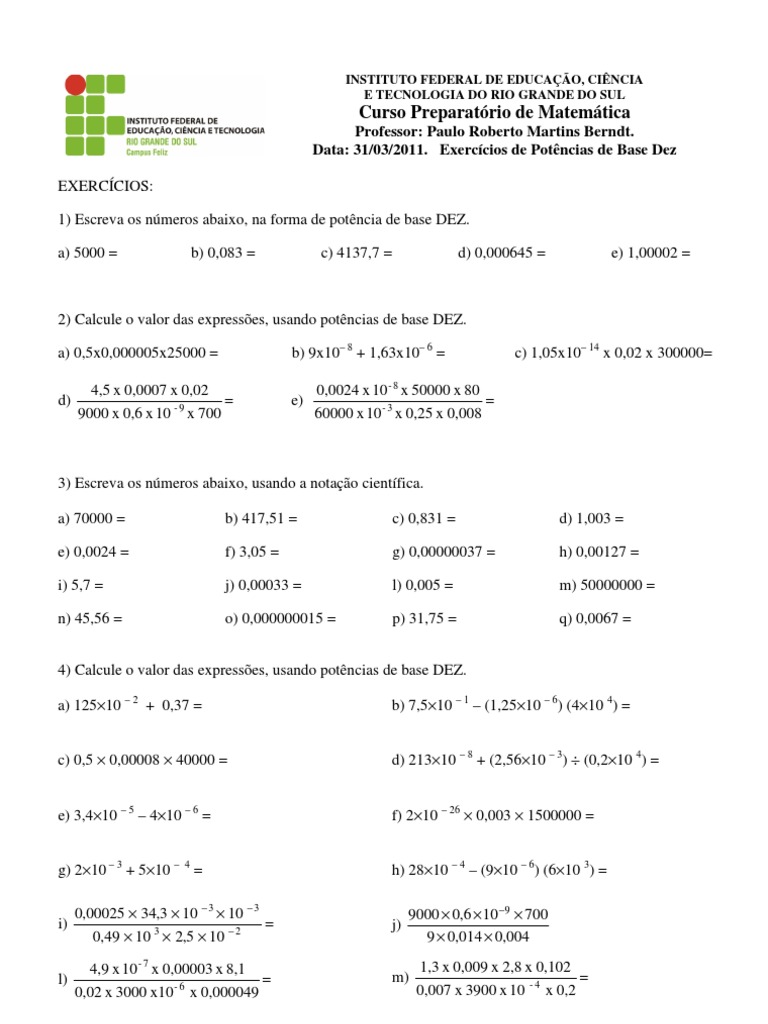 Lista de Exercícios de Notação Científica, PDF, Matemática