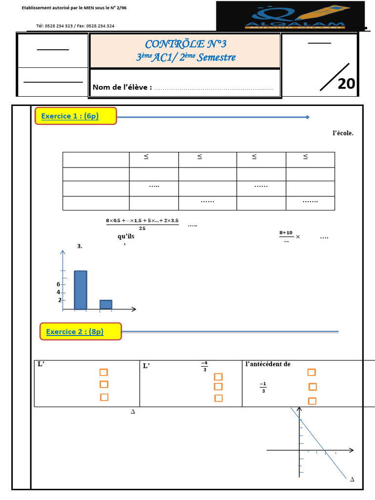 Contrôle Mathématiques 3AC Semestre 2 | PDF