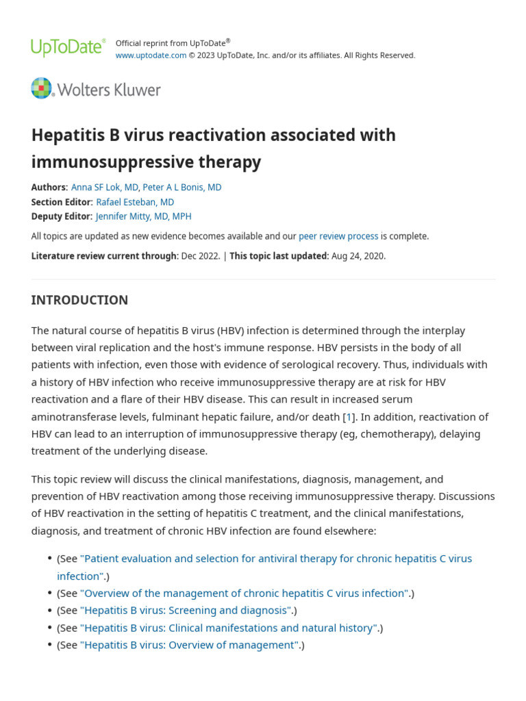 Hepatitis B Virus Reactivation Associated With Immunosuppressive ...