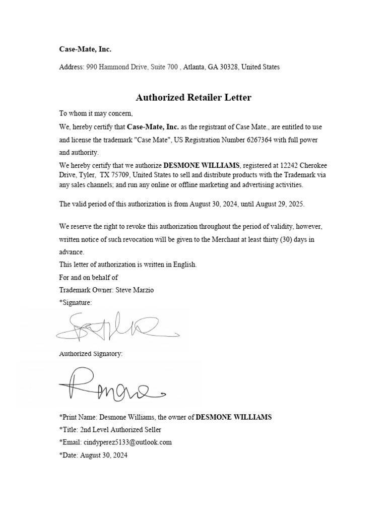 Case-Mate Trademark Authorization Letter | PDF