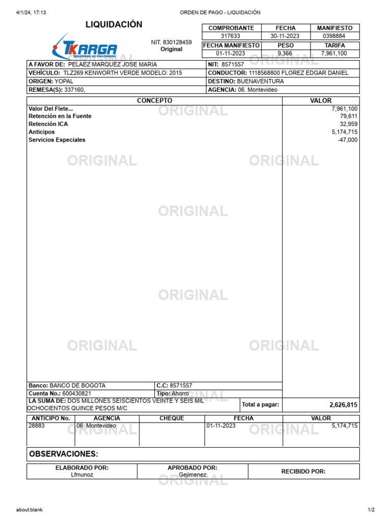 Orden de Pago y Liquidación Detallada | PDF | Bancario | Servicios ...