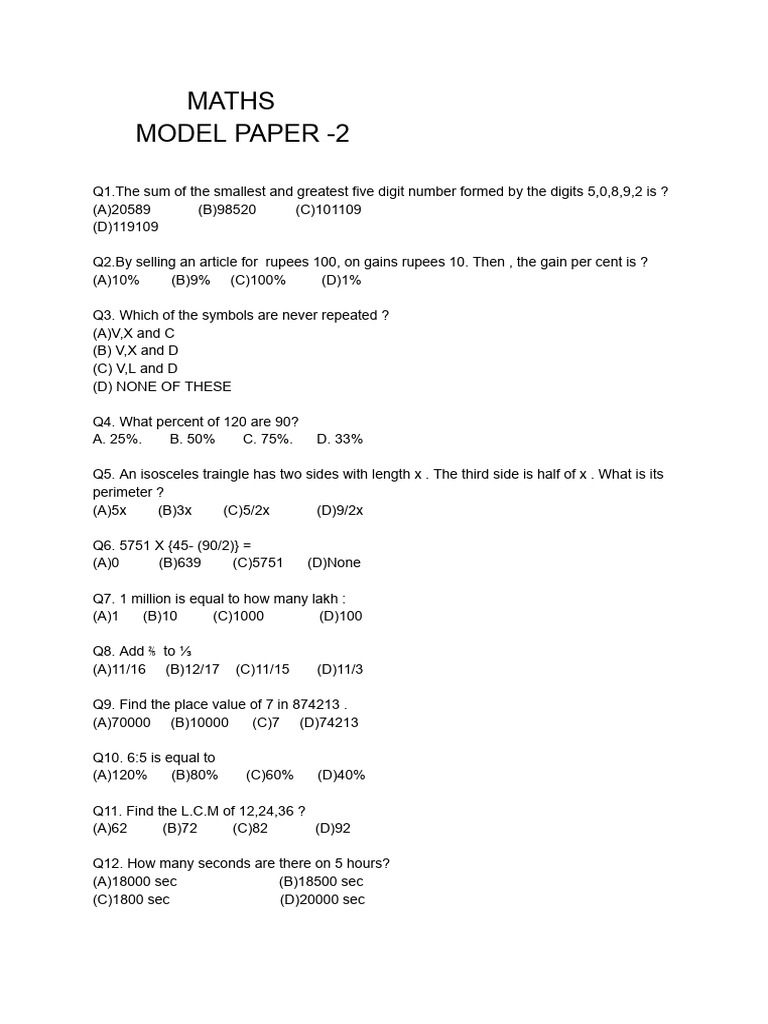 Class 5 Maths Quiz Model Paper | PDF