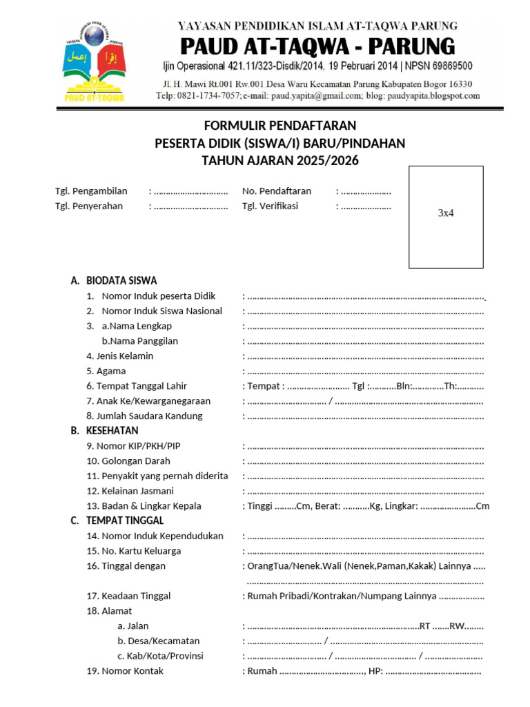 Contoh Formulir Pendaftaran Siswa Baru | PDF