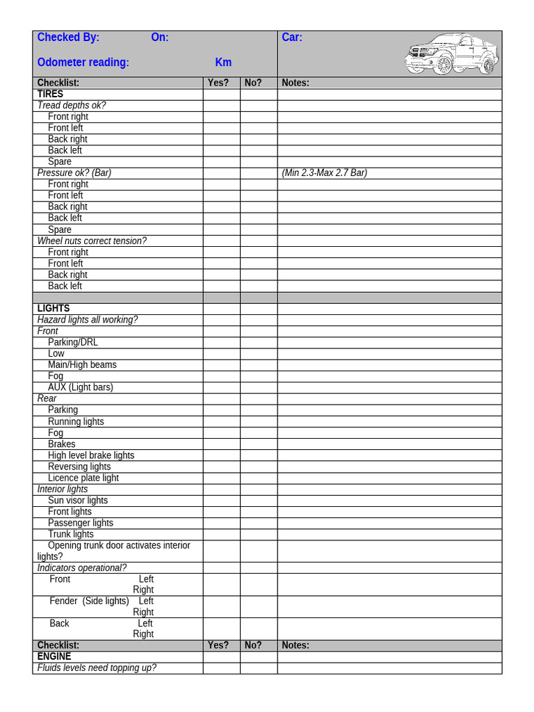 Car Checklist FINAL | PDF | Vehicles | Wheeled Vehicles