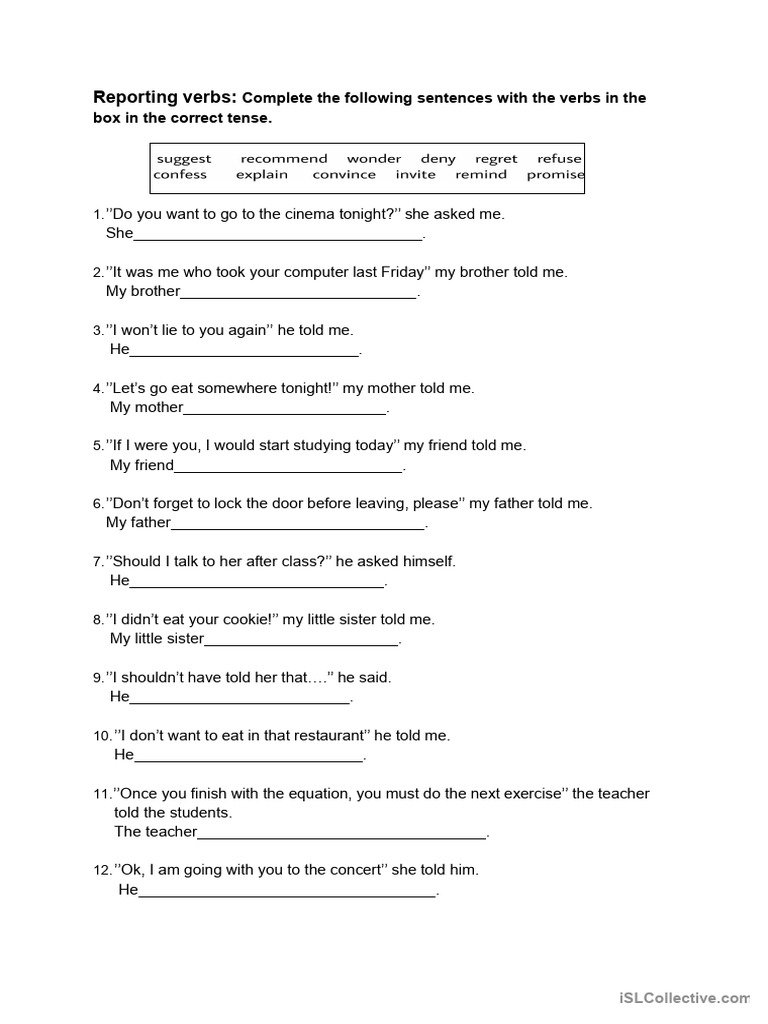 Reporting Verbs Exercise Worksheet | PDF