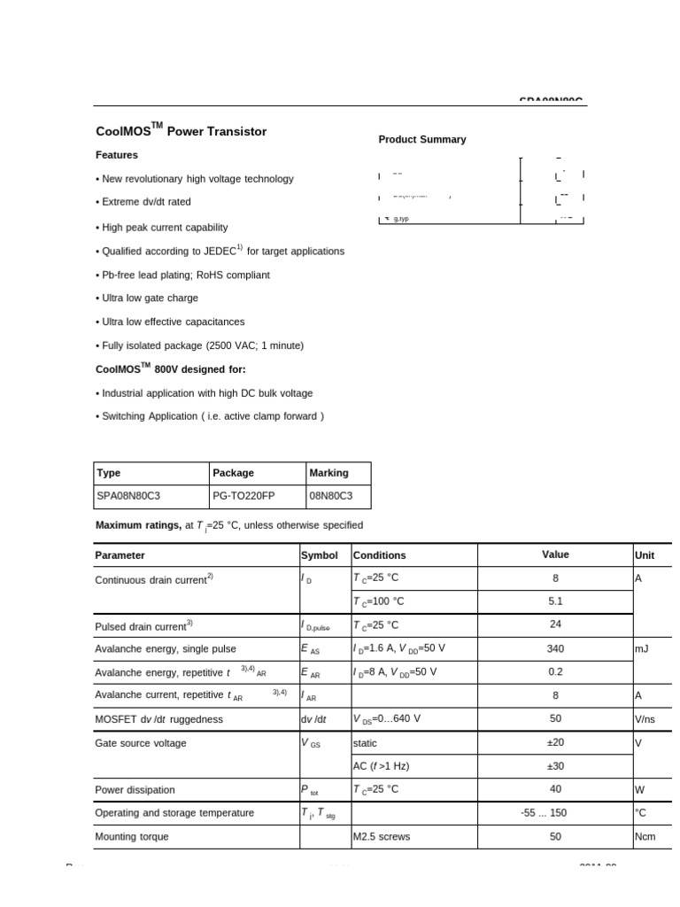 Transistor SPA08N80C3 08N80C3 TO-220F - Nuovo, 1 Pezzo