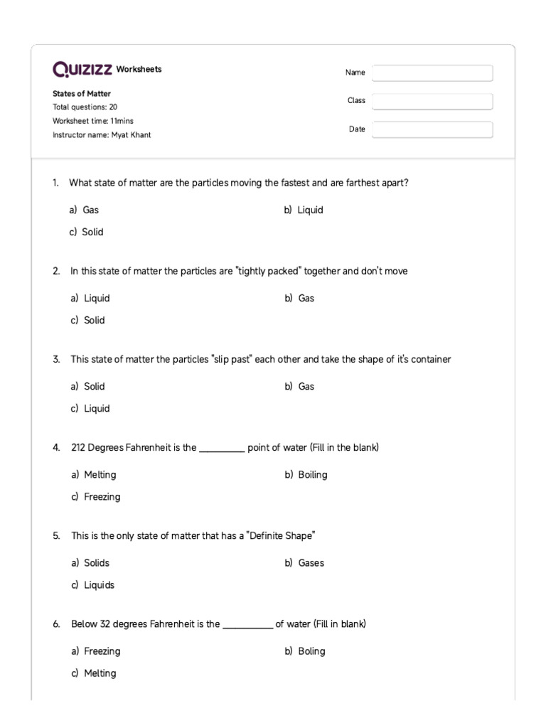 States of Matter Quiz Worksheet | PDF | Water | Liquids
