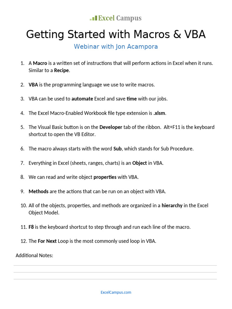 Cheatsheet For The Macros and VBA Webinar | PDF
