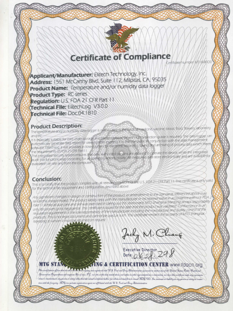 Software ElitechLog FDA Part11 Certificate | PDF