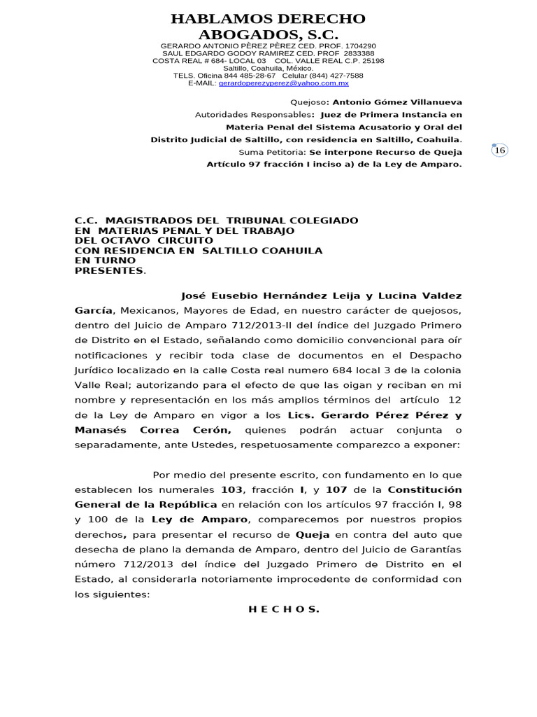 Recurso de Queja en Juicio de Amparo | PDF | Sentencia (ley) | Res Judicata