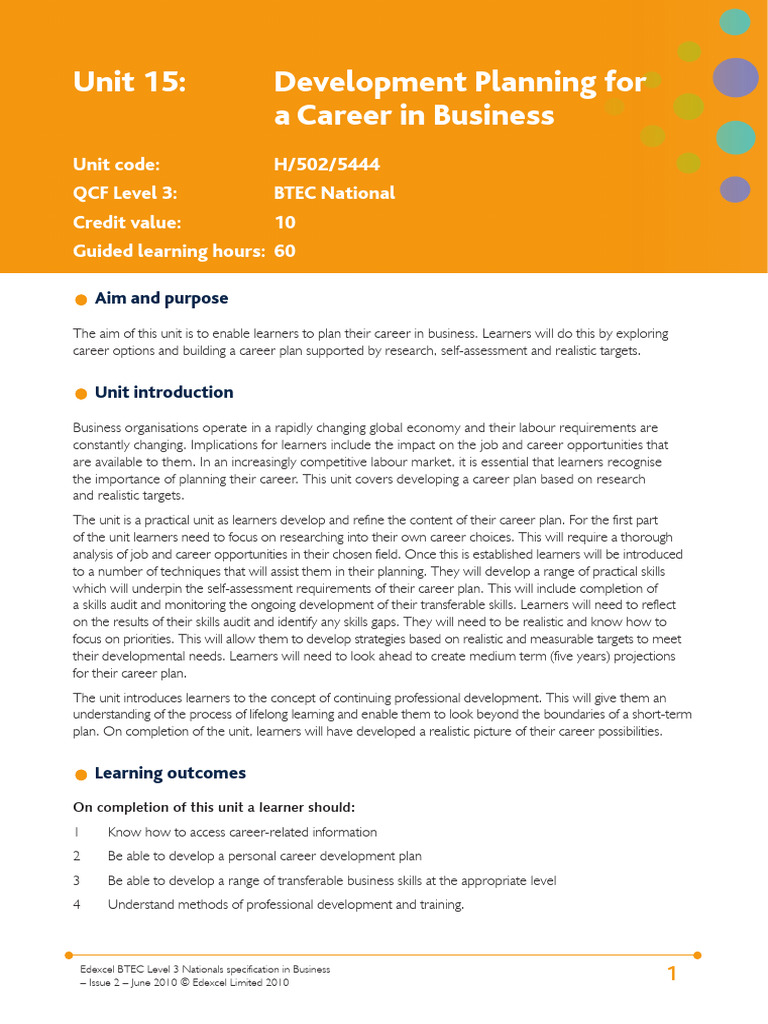 Unit 15 Development Planning For A Career in Business Issue 2 | PDF ...