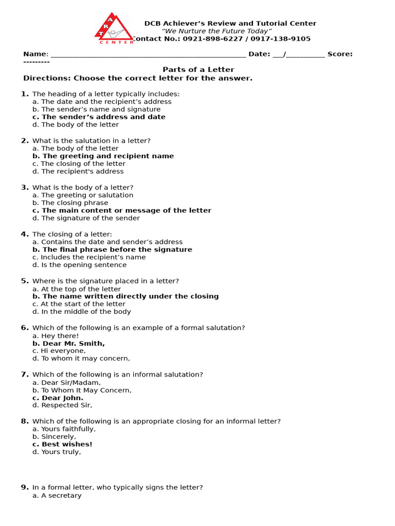 Parts Of A Letter Pdf Written Communication
