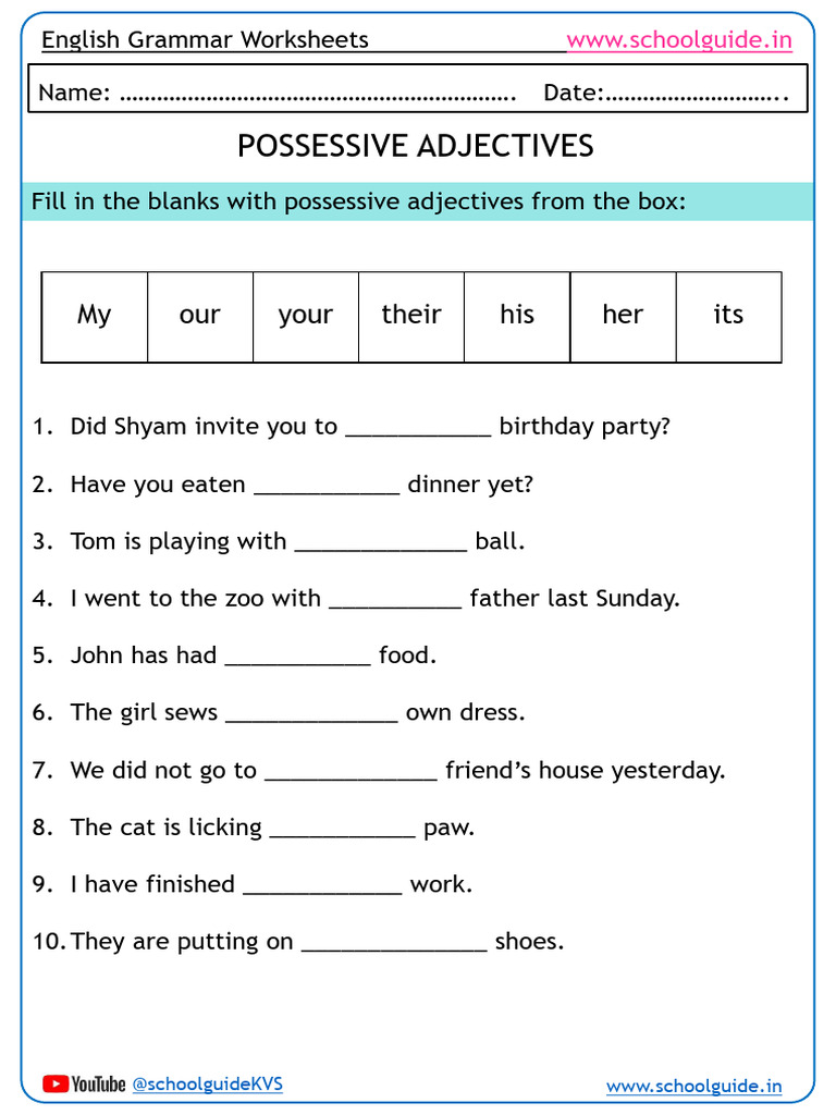 Possessive Adjectives Worksheet for Kids | PDF