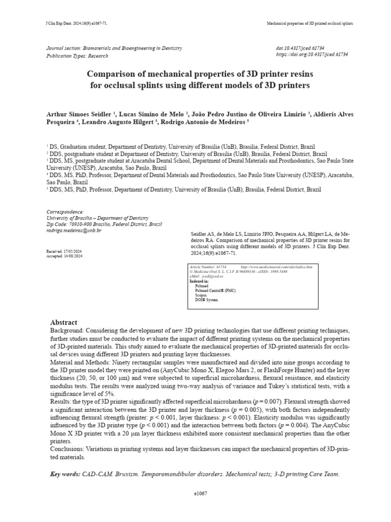 Comparison of Mechanical Properties of 3D Printer | PDF | Dental Degree ...