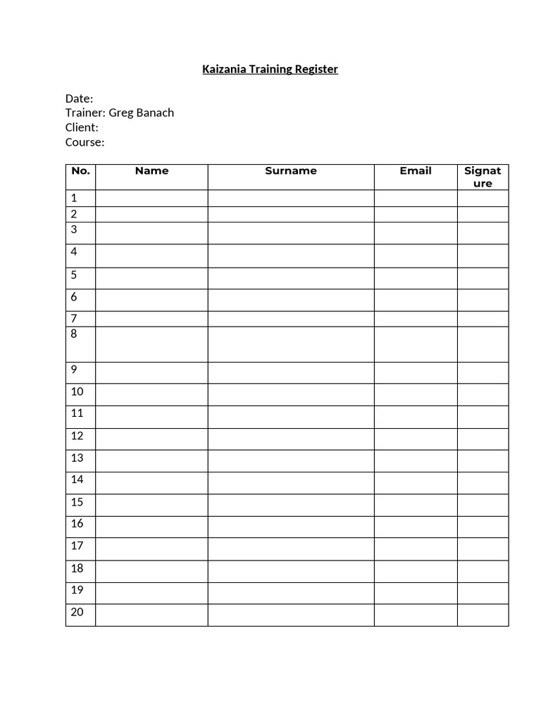 Kaizania Training Register Template | PDF