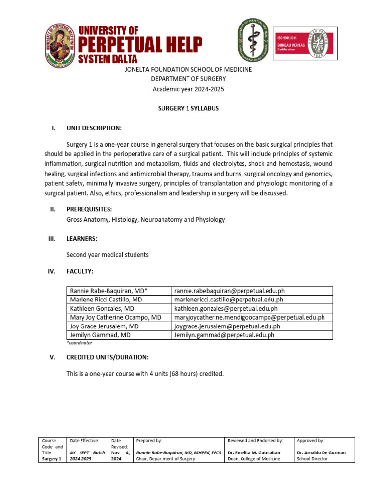 Surgery 1 Syllabus for AY 2024-2025 | PDF | Surgery | Doctor Of Medicine