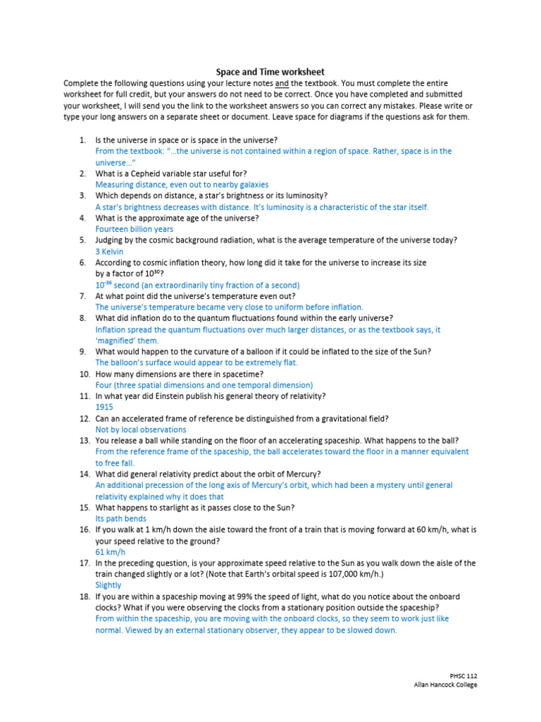 Space and Time Worksheet Revised KEY | PDF | General Relativity | Universe