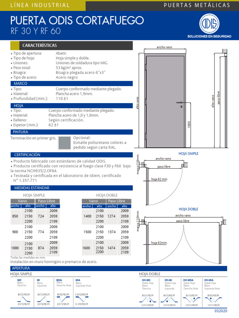 Puertas Cortafuego RF30 y RF60 ODIS | PDF | Acero | Materiales