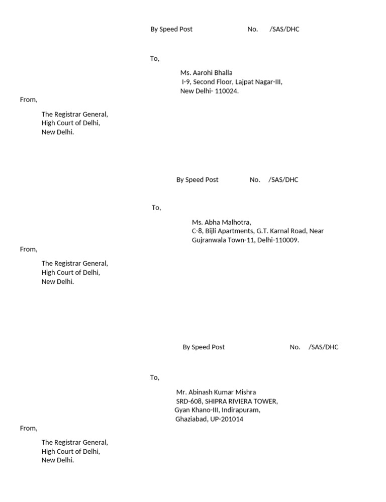 Speed Post Addresses from Delhi High Court | PDF | Delhi