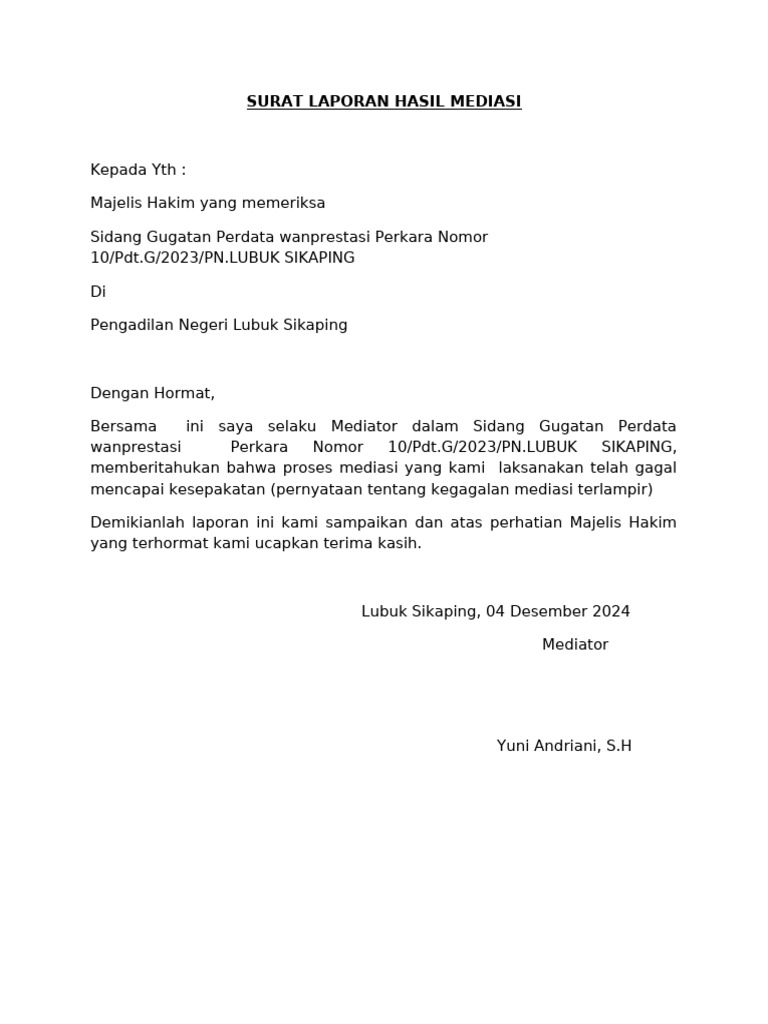 Surat Laporan Hasil Mediasi & Berita Acara Mediasi | PDF