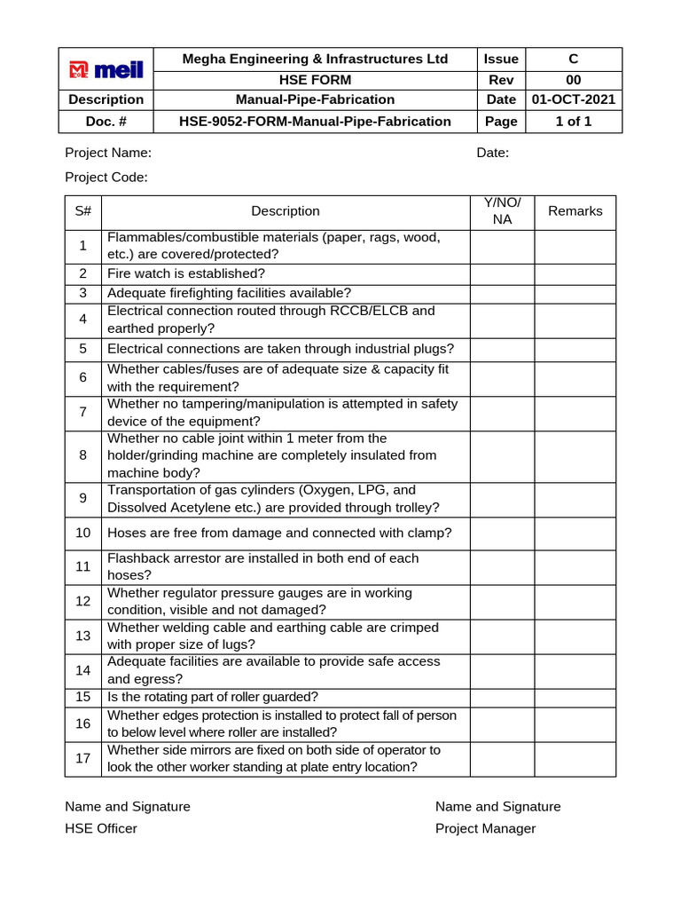 HSE 9052 FORM Manual Pipe Fabrication 00 | PDF