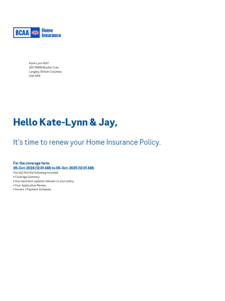 Hello Kate-Lynn & Jay,: It's Time To Renew Your Home Insurance Policy ...