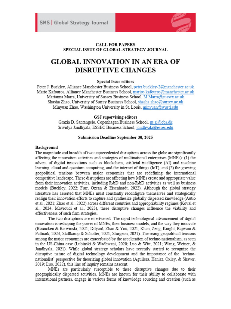Call for Papers: Global Innovation 2025 | PDF | Innovation | Strategic ...