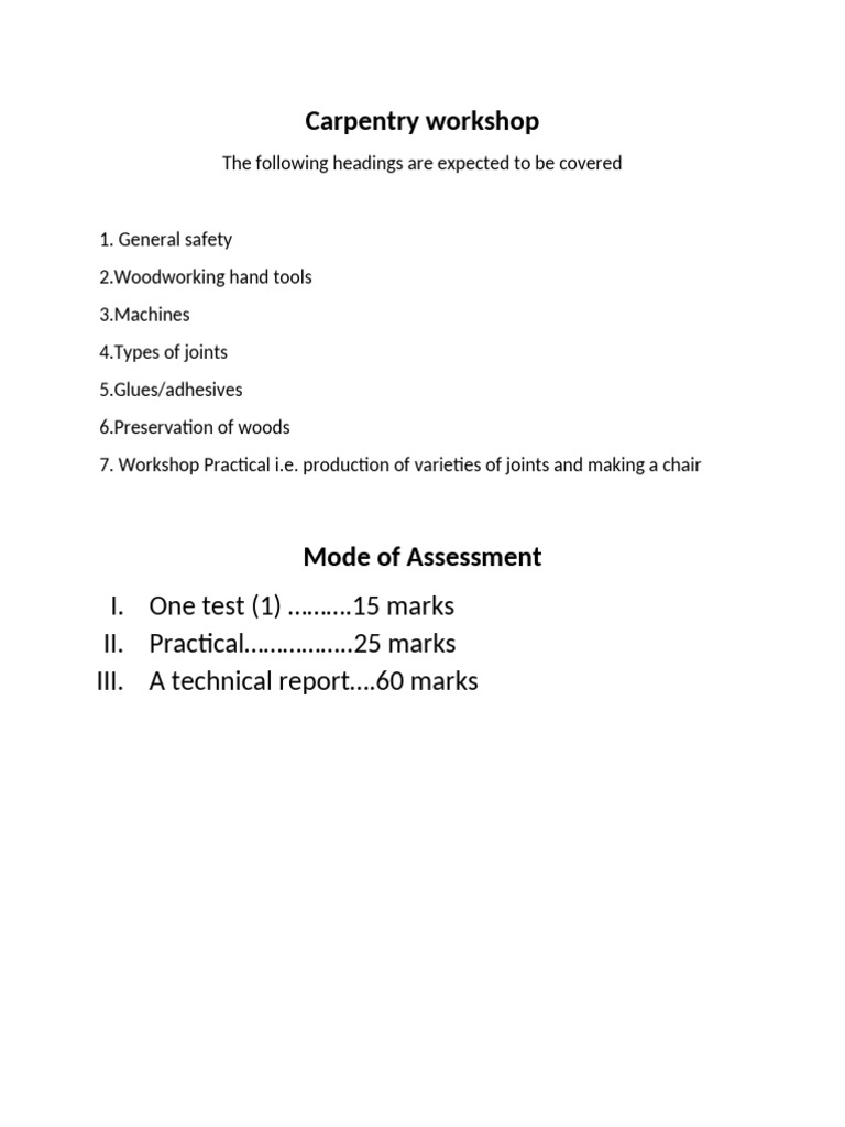 Carpentry Workshop Overview and Assessment | PDF