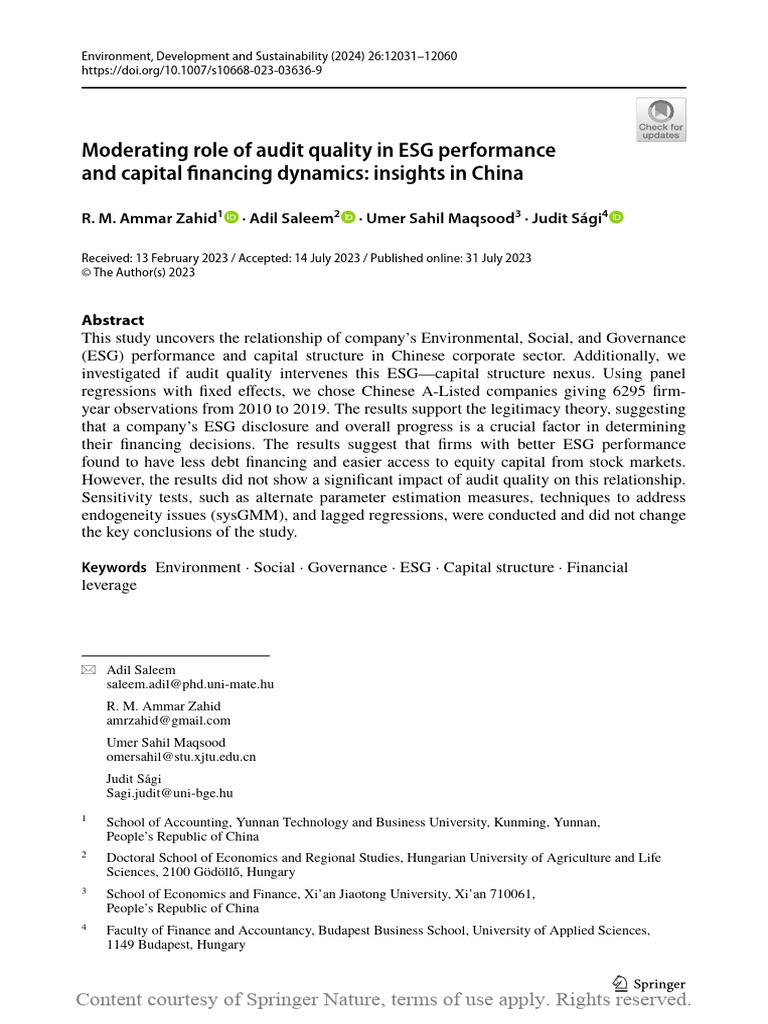 Moderating Role of Audit Quality in ESG Performanc | PDF | Capital ...