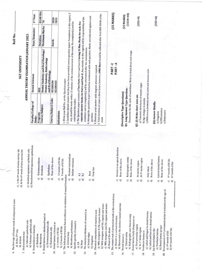 BDS 1 Year Jan 2023 | PDF