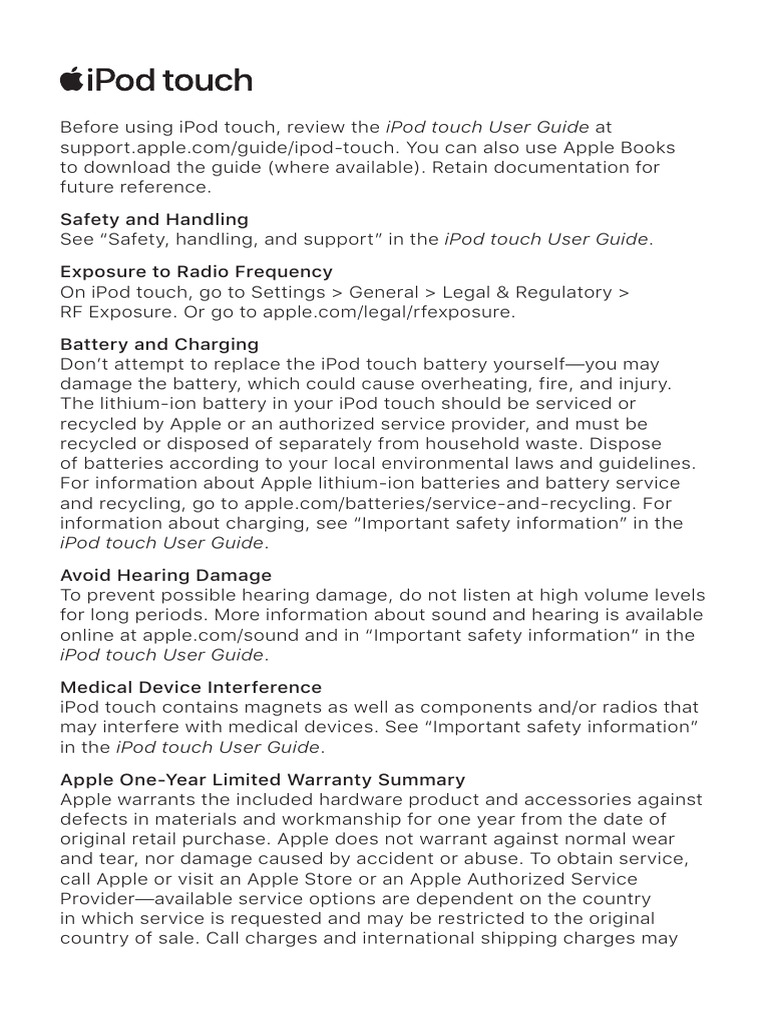 iPod Touch Safety and Warranty Guide | PDF | I Pod | I Pod Touch