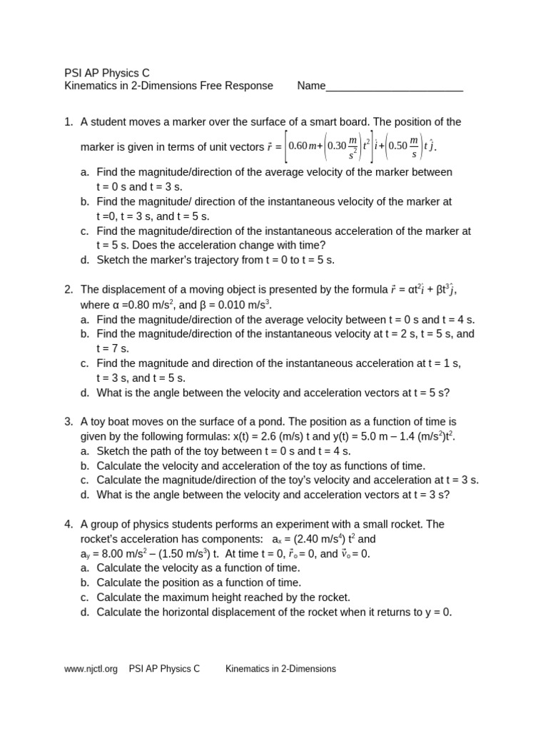 Ap Physc M - Kinematics in 2 Dimensions Free Response Problems - 2019 ...