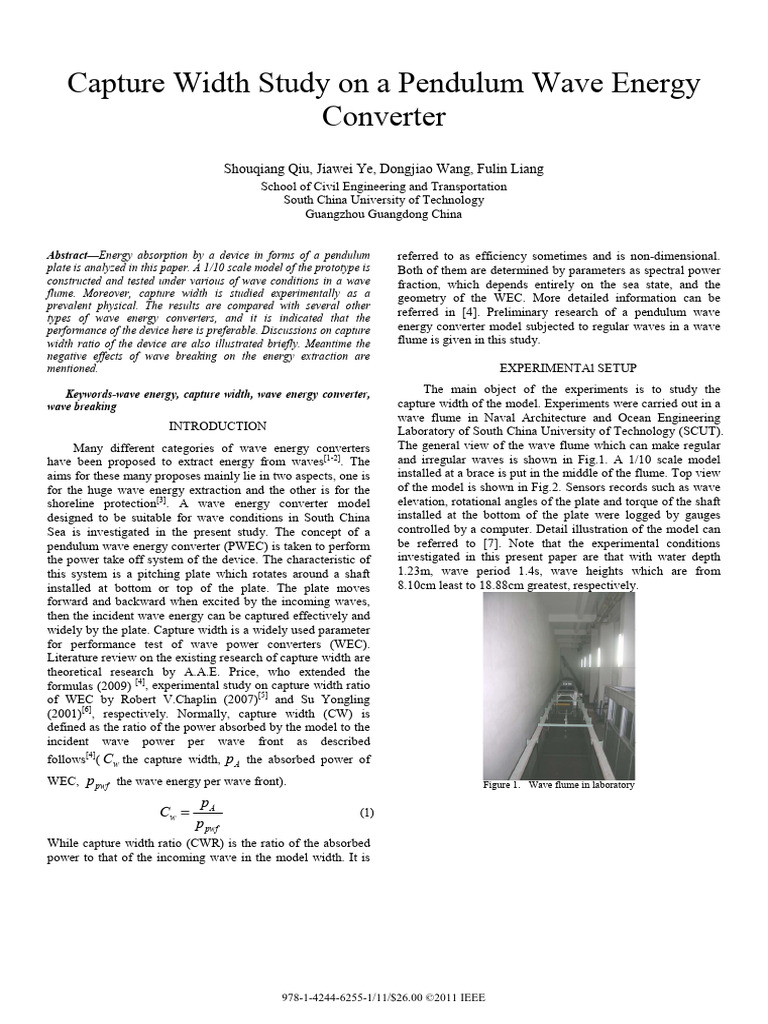 Pendulum Wave Energy Converter Capture Width Study | PDF | Waves ...