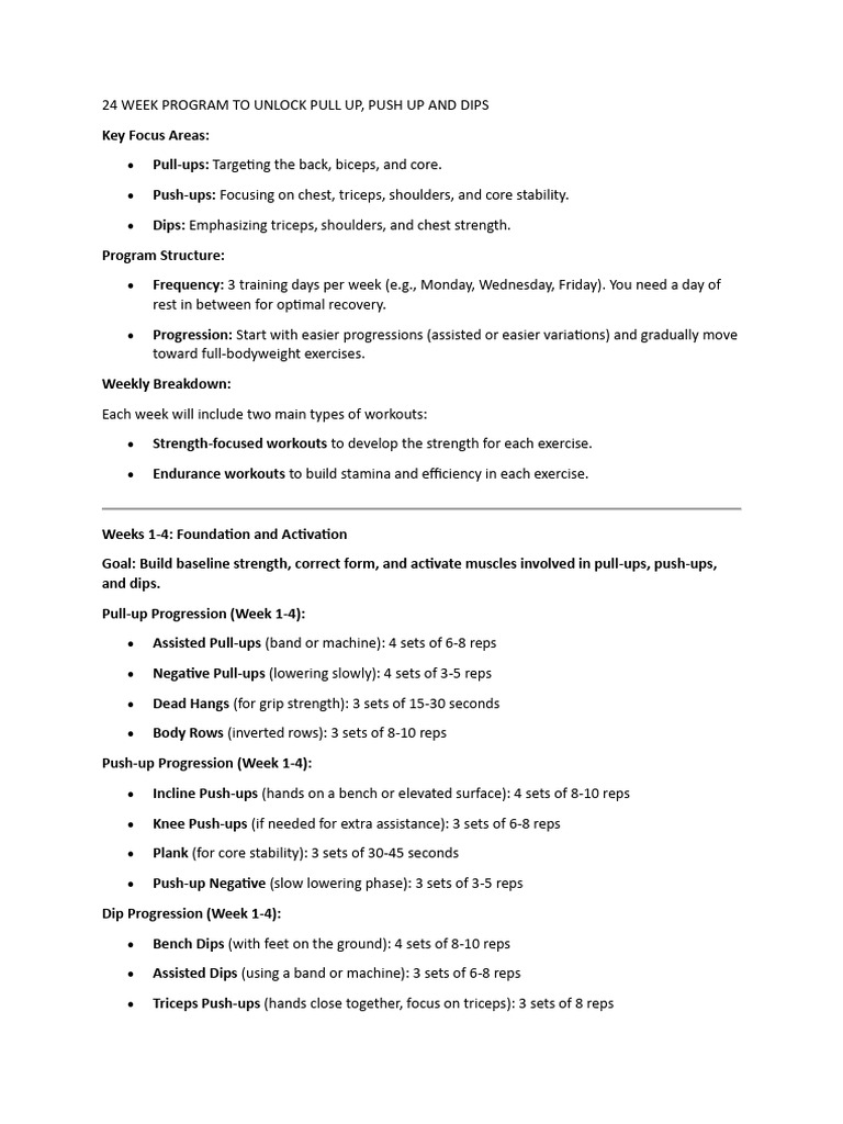 24-Week Pull-Up, Push-Up, Dip Plan | PDF | Sports Science | Physical ...