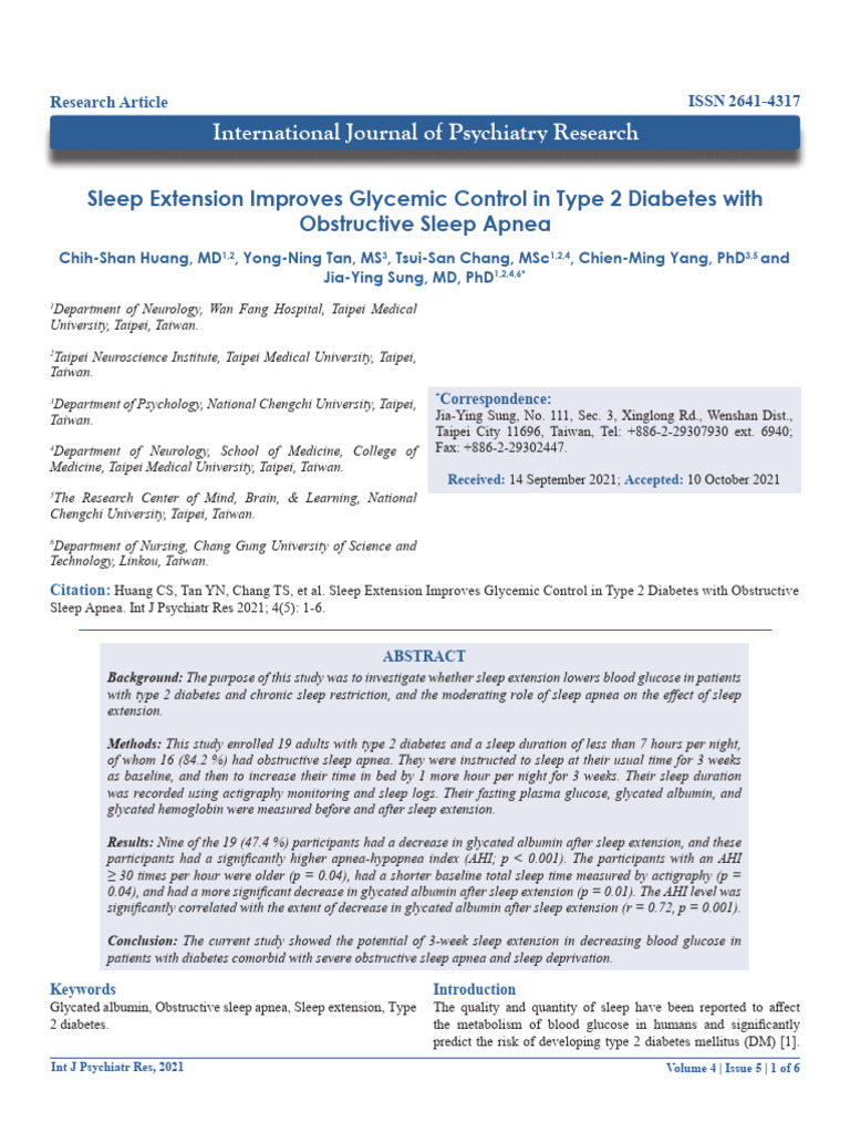 Sleep Extension Improves Glycemic Control in Type 2 Diabetes With ...