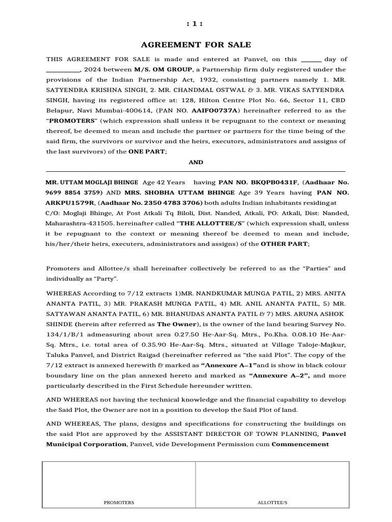 Agreement for Sale: OM Unnati Taloja | PDF | Indemnity | Tax Refund