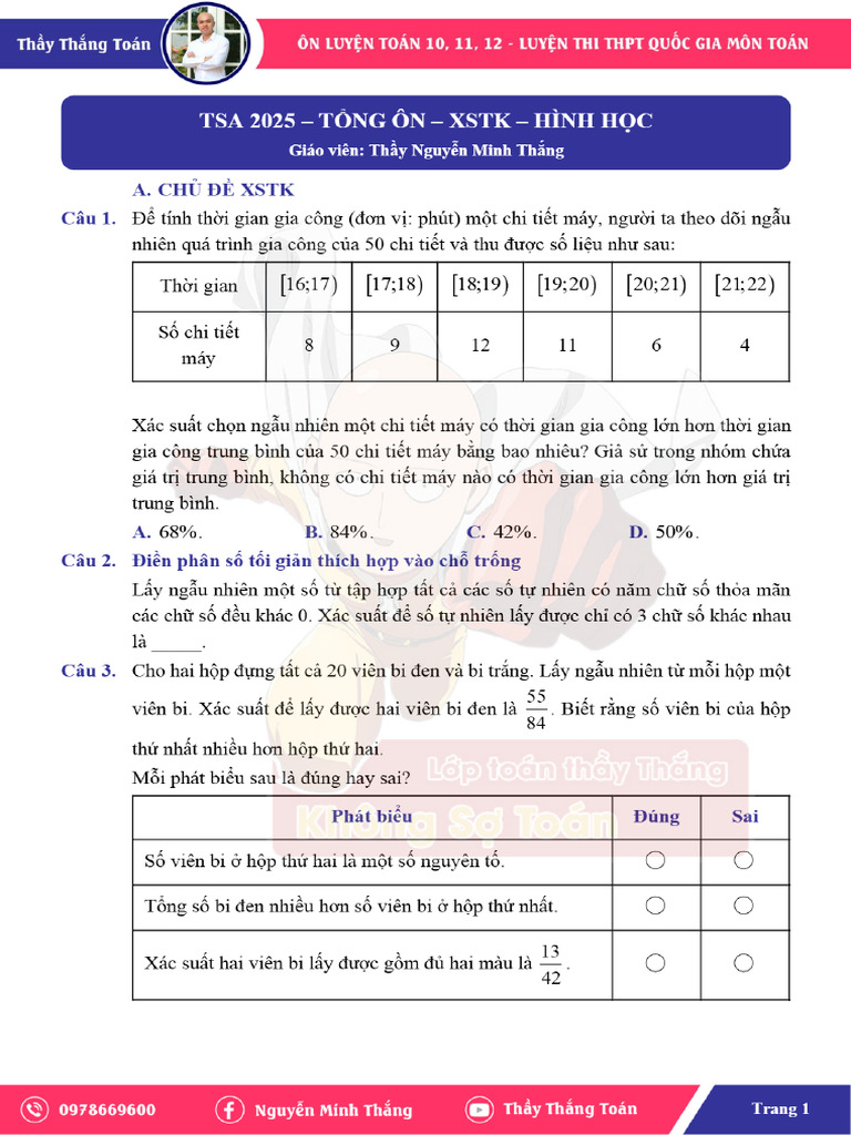 TSA 2025 - Luyện đề - Tổng ôn XSTK - Hình học | PDF