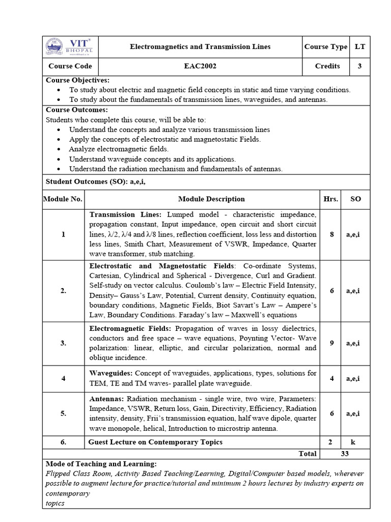EAC2002 ELECTROMAGNETICS AND TRANSMISSION LINES LT 1 1 66 EAC2002 