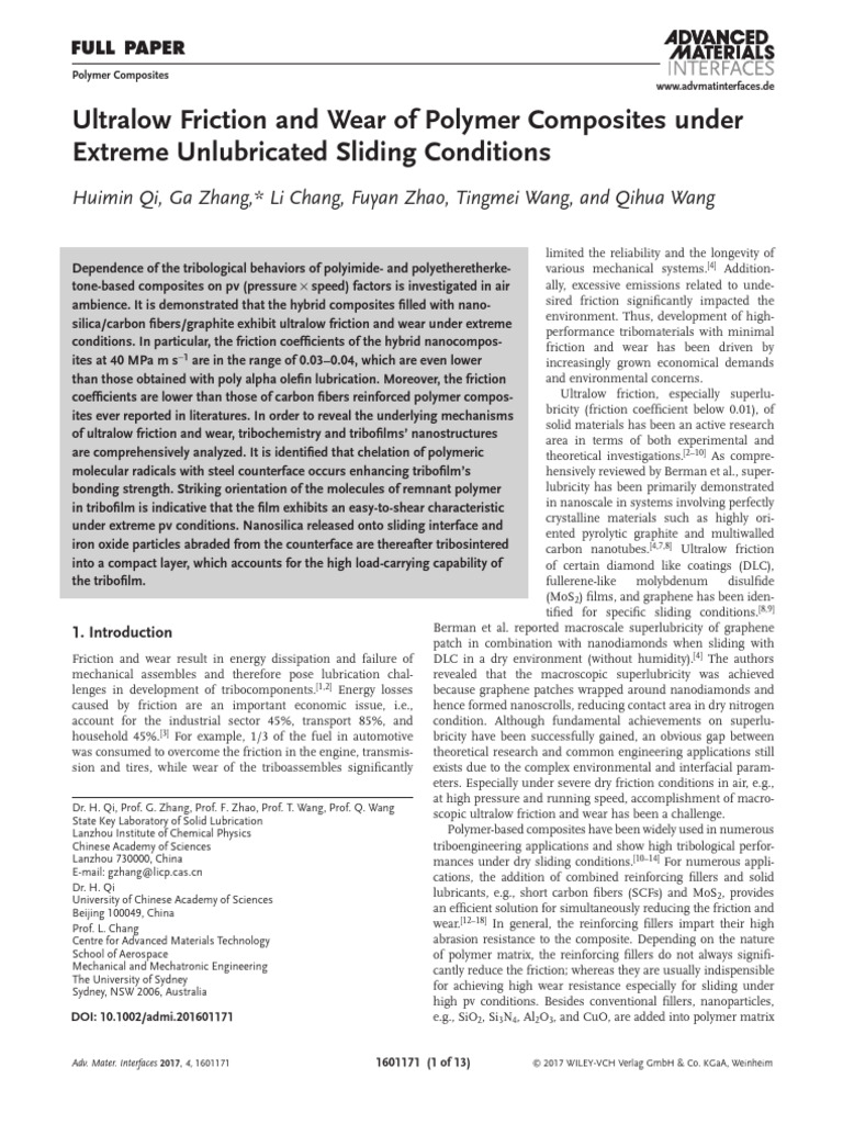 Adv Materials Inter - 2017 - Qi - Ultralow Friction and Wear of Polymer ...