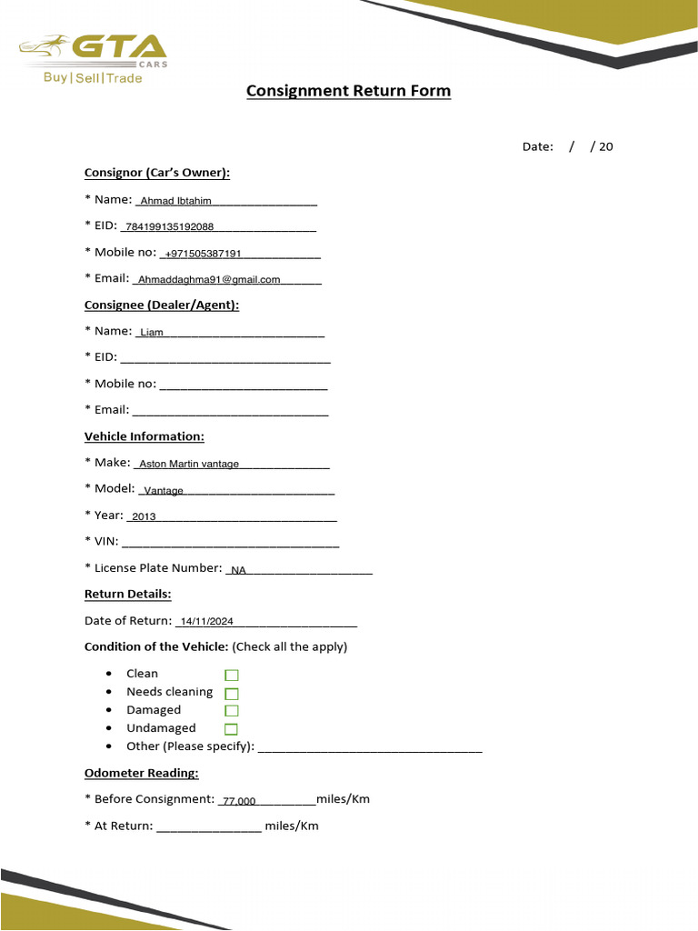 Vehicle Return Form for Consignment | PDF | Used Car | Car