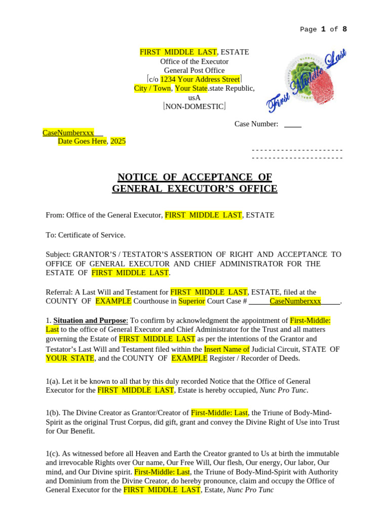 EXECUTORNOTICEtemplate | PDF | Fiduciary | Trustee