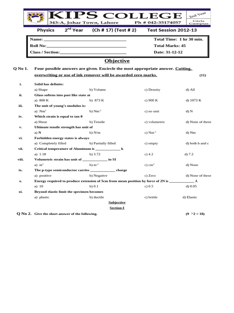 2nd Year Physics Test # 2 Ch. 17 (31-12-12) | PDF | Ductility ...