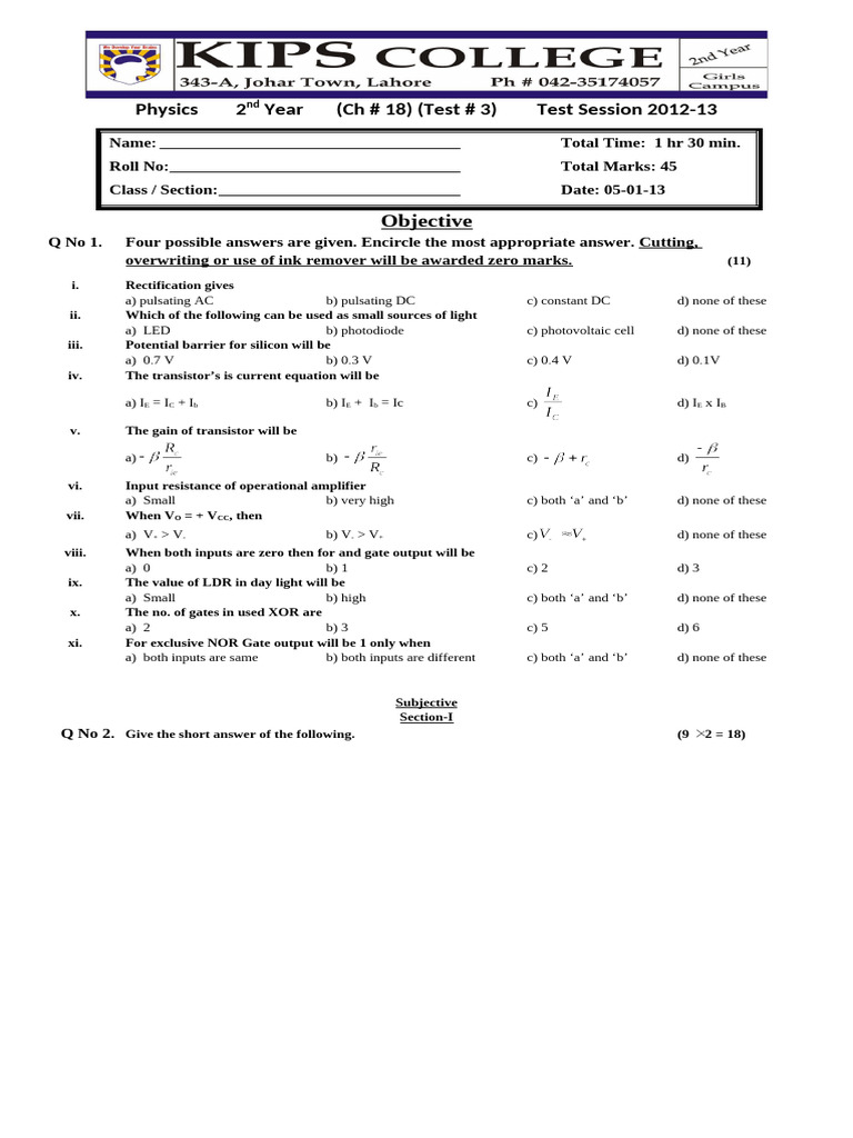 2nd Year Physics Test # 3 Ch. 18 (05-01-13) | PDF | Logic Gate ...