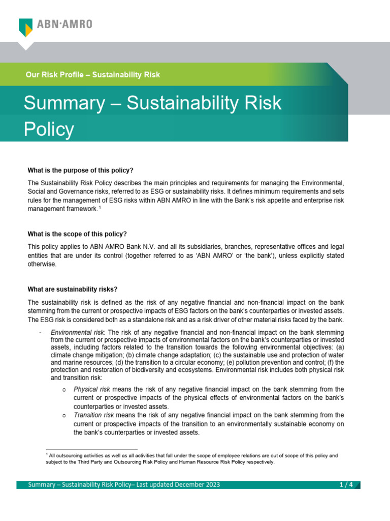 ABN AMRO Sustainability Risk Policy | PDF | Risk | Sustainability