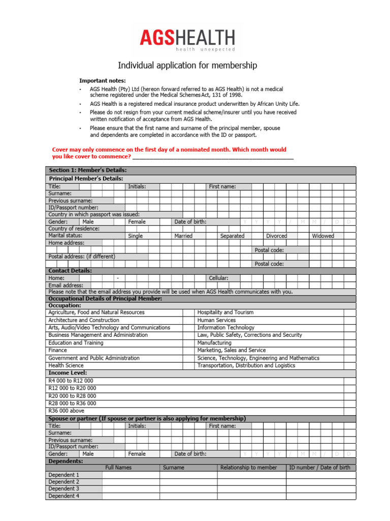 AGS Health Membership Application Form | PDF | Insurance | Banks